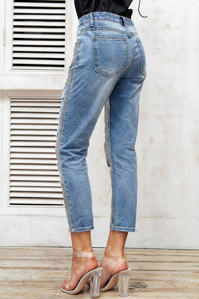 Sequin hole blue jeans women bottom Streetwear zipper fringe ripped jeans