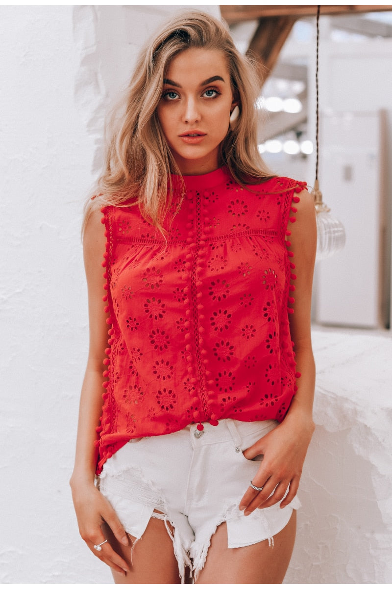Elegant tank top women blouse Cotton embroidery red shirts