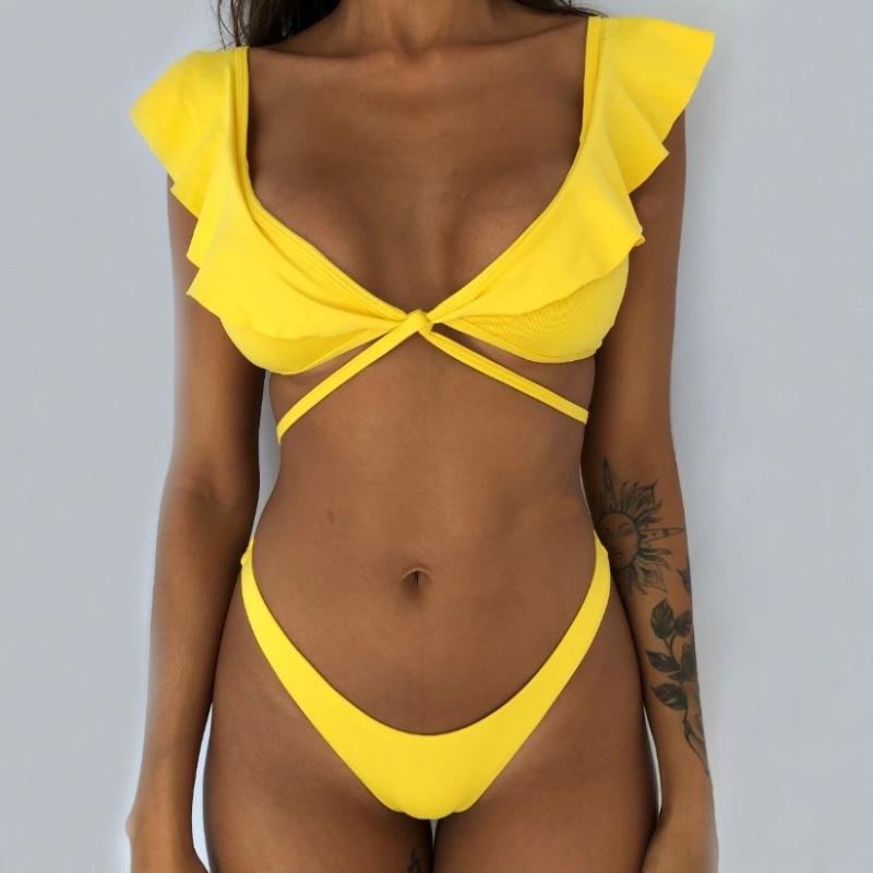 Women Off The Shoulder Print Ruffled Bikini Mujer New Sexy Swimwear Women Swimsuit Brazilian Bikini Set Thong Biquinis