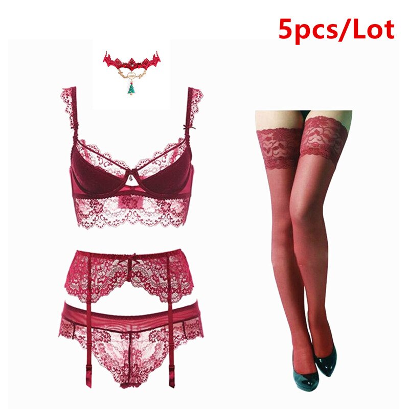 sexy lace push up bra sets bra+panties+garter+stockings+necklace Christmas 5 Pcs/Lots