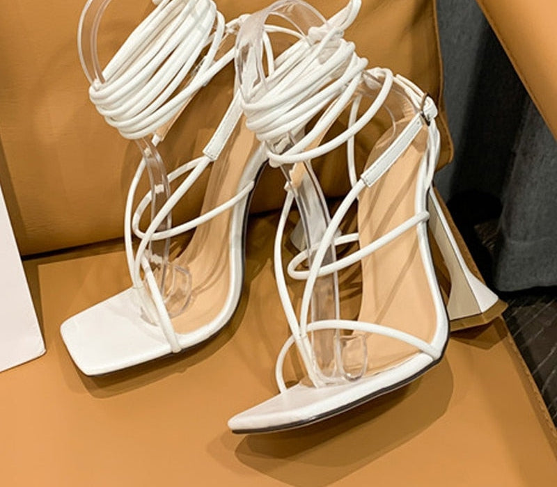 Lace-Up Strappy Square Toe Triangle Heels