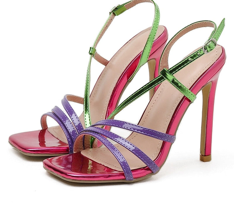 Multicolor Lace Up Ankle Strap Open Toe Thin Heels