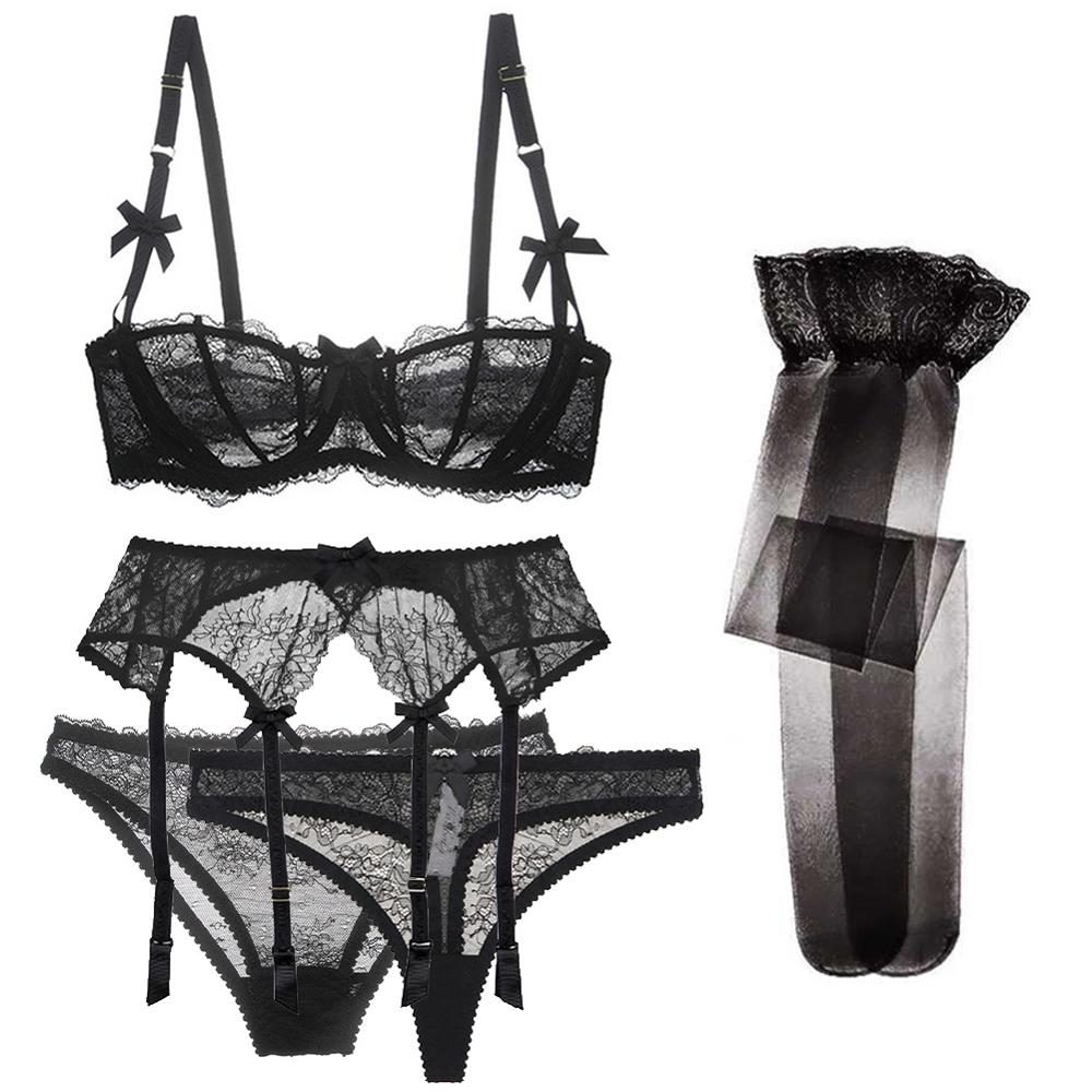 sexy lace 5 pcs bras+garters+panties+thongs+stockings underwear black/pink /white bra set