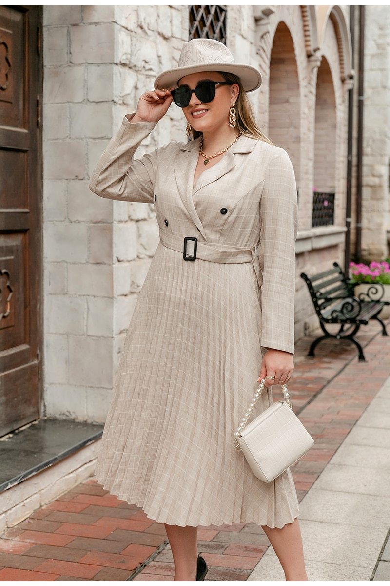Plus Size High Waist Buckle Belted Pleated Dress Long Sleeve V-Neck