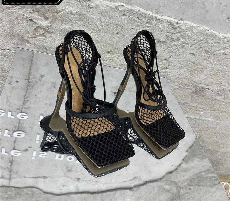 Square toe lace-up sandal with mesh panel
