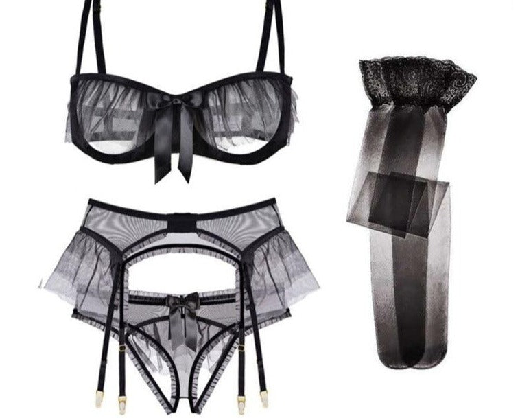 sexy ruffles 4pcs bras+panties+garters+stockings yarn transparent unlined S M L XL underwear set