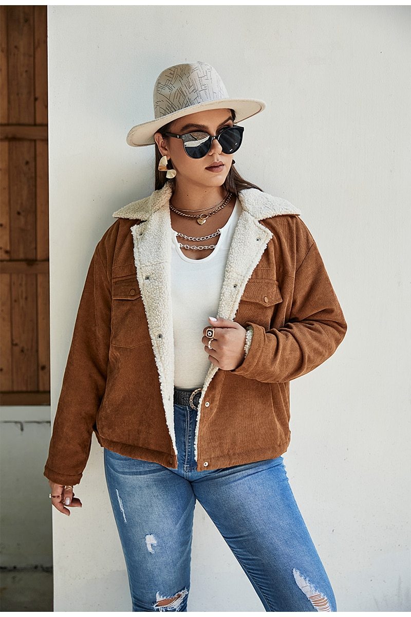 Plus Size Aviator Faux Fur Lined Jacket With Buttons Pockets For Women
