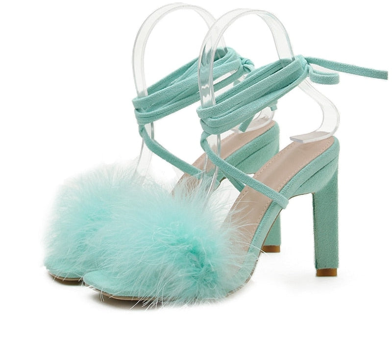 Lace-Up Strappy Square Toe Feather High Heels