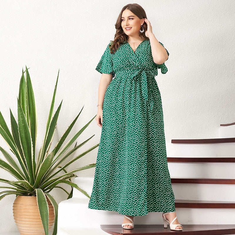 MAI&FUN New Summer Maxi Dress Women Green Floral Sashes Belt Split Flared Short Sleeve V-neck Boho Holiday Robes Plus Size