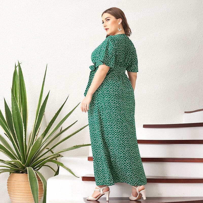 MAI&FUN New Summer Maxi Dress Women Green Floral Sashes Belt Split Flared Short Sleeve V-neck Boho Holiday Robes Plus Size