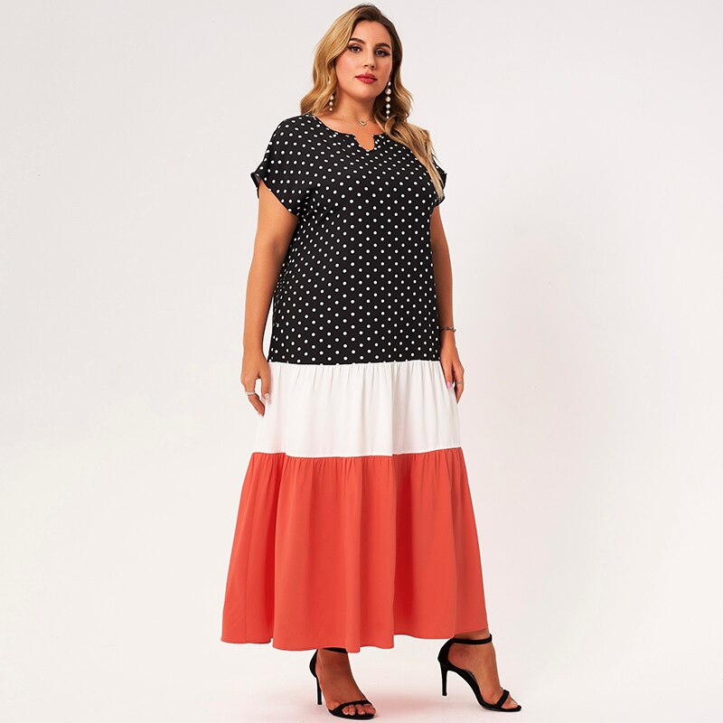 New Summer Maxi Dress Women Plus Size Black White Coral Red Patchwork Short Sleeve Dots Ruffle Hem Casual Holiday Robes 4XL