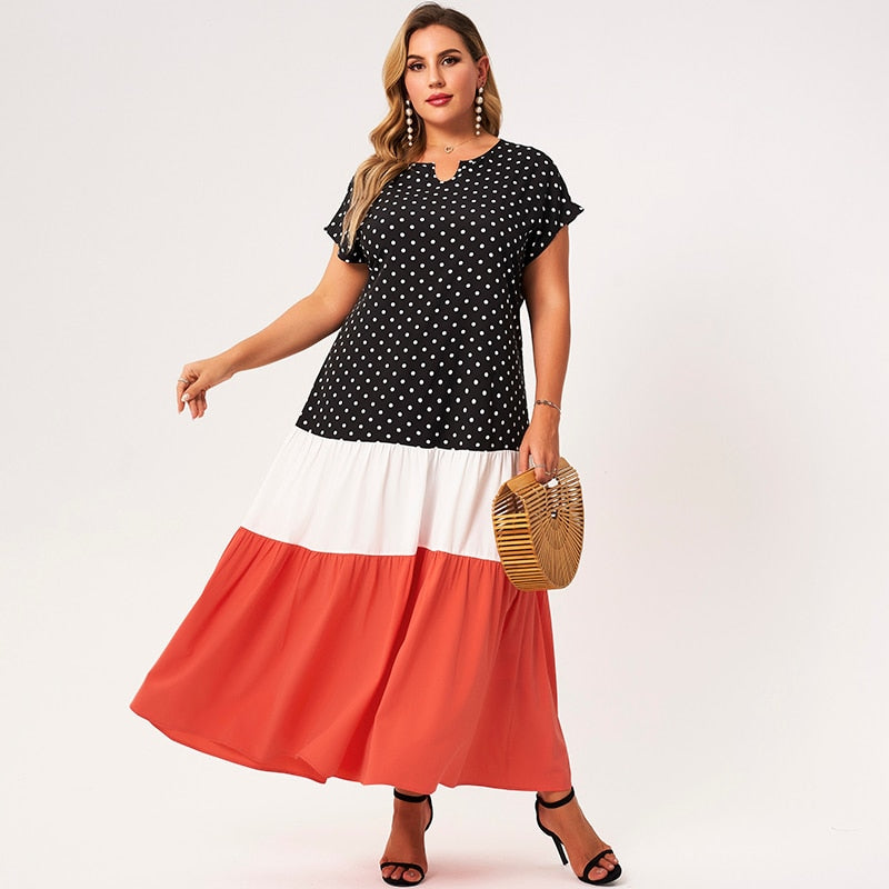 New Summer Maxi Dress Women Plus Size Black White Coral Red Patchwork Short Sleeve Dots Ruffle Hem Casual Holiday Robes 4XL