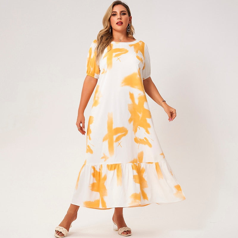 New Summer Maxi Dress Women Plus Size White Yellow Tie Dye Ruffle Hem Patchwork Lantern Short Sleeve Art Loose Casual Robes