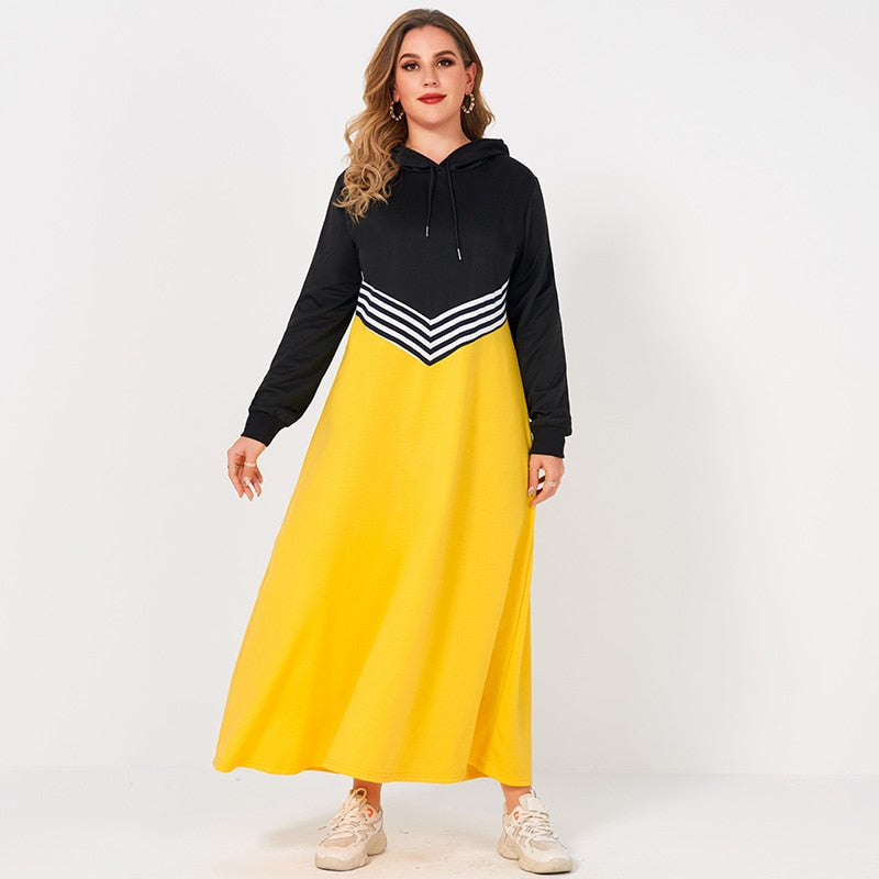 New Summer Women Casual Long Dress Yellow Hooded Long-sleeved Striped Stitching A-line Sports Loose College Style Dresses 4XL