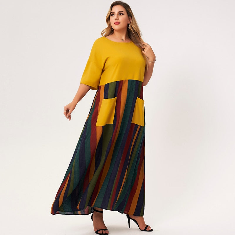Plus Size Dresses Woman Summer Yellow Boho O-neck Half Sleeve A-line Pockets Patchwork Contrast Striped Casual Maxi Dress
