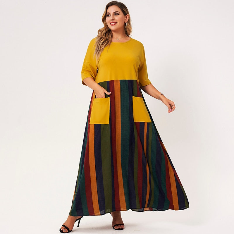 Plus Size Dresses Woman Summer Yellow Boho O-neck Half Sleeve A-line Pockets Patchwork Contrast Striped Casual Maxi Dress