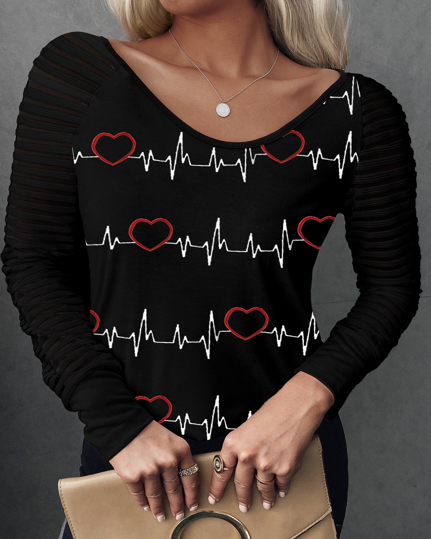 Heart Print V-Neck Long Sleeve Top