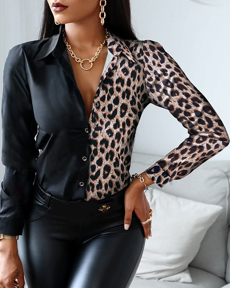 Cheetah Print Button Design Long Sleeve Shirt