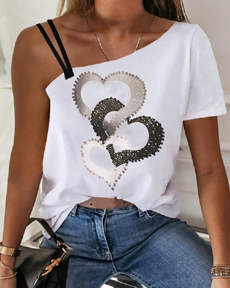 Heart Print One-Shoulder Short Sleeves Casual Blouse