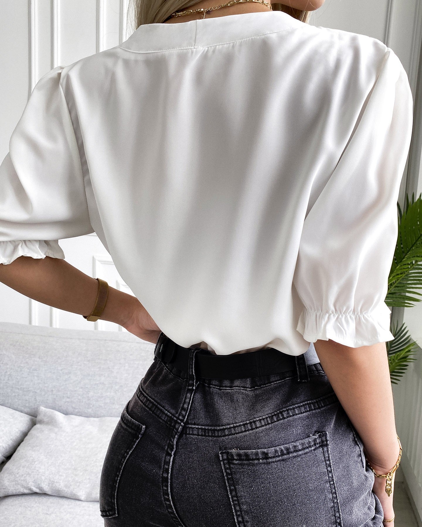 Lace V-neck Plain Short Sleeve Shirt