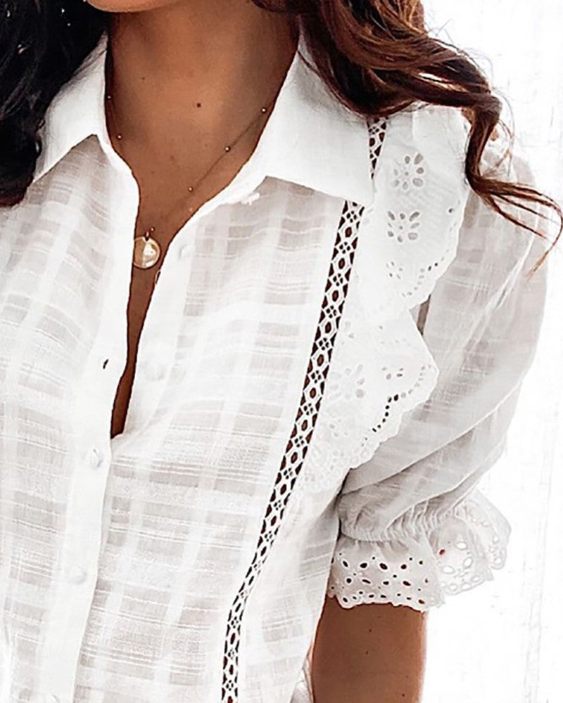 Eyelet Embroidery Button Front Ruffles Lace Top