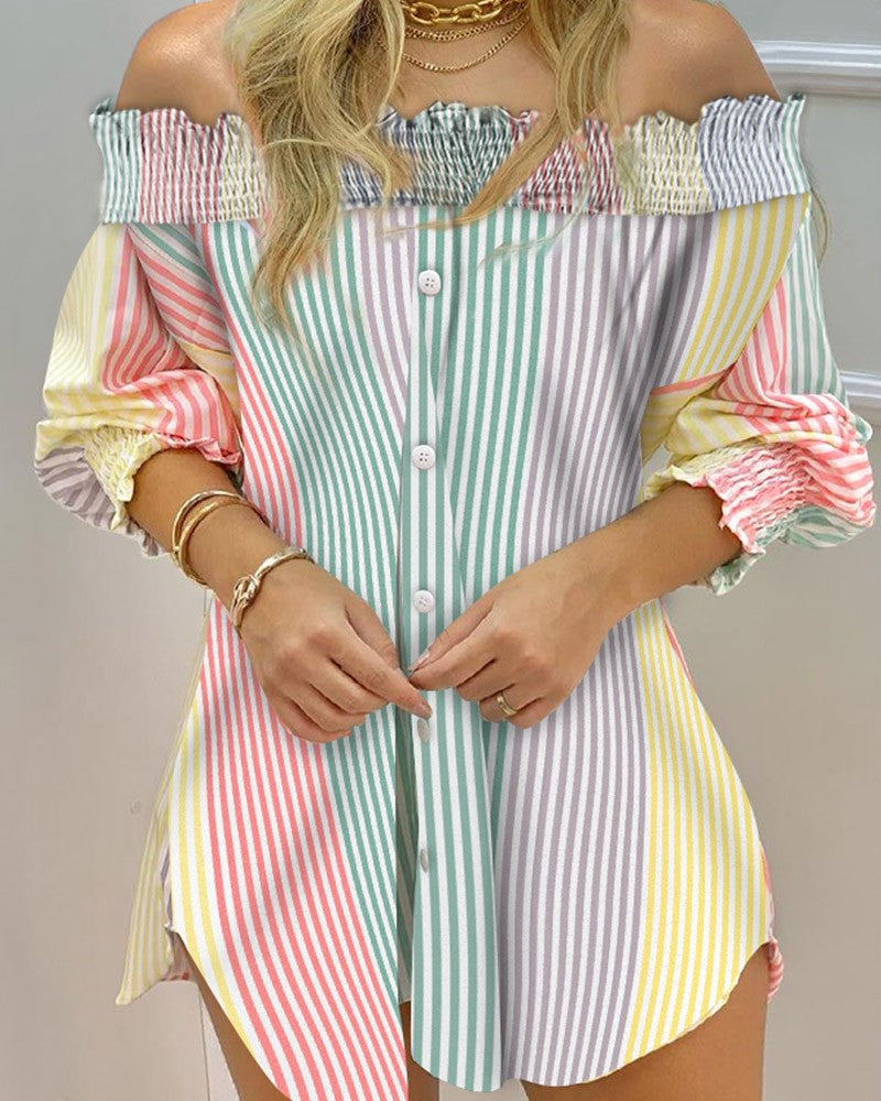 Off Shoulder Color Striped Button Front Smoking Blouse Dress