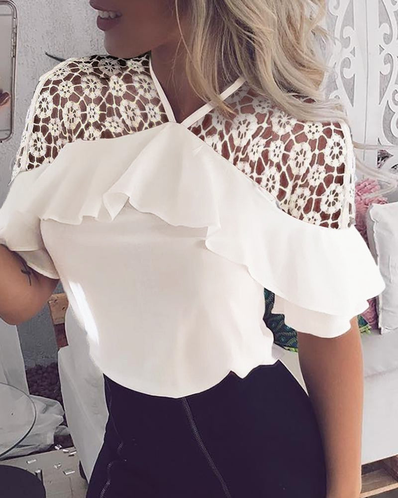 Lace Patch Ruffles Short Sleeve Top