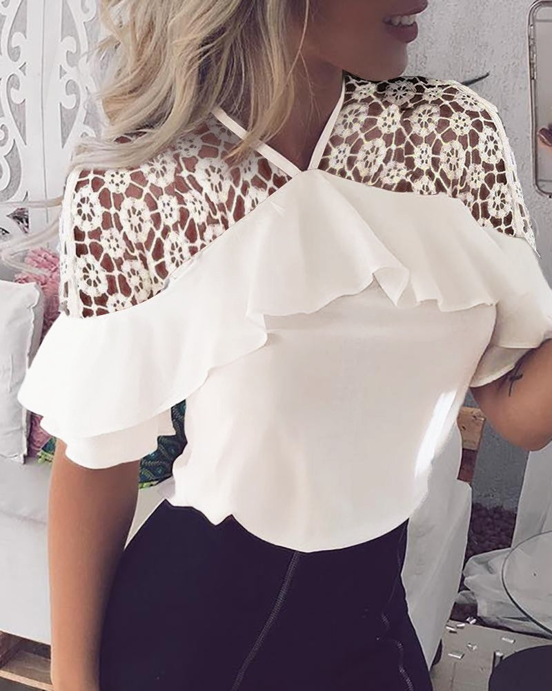 Lace Patch Ruffles Short Sleeve Top
