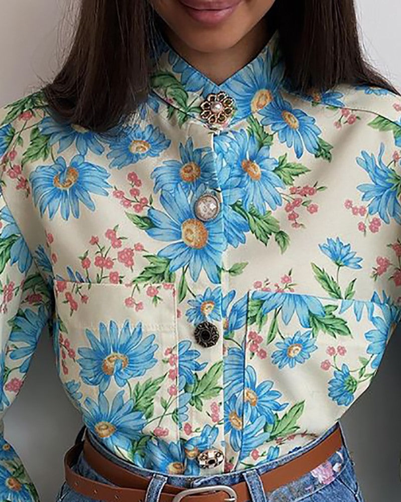 Floral Print Buttoned Lantern Sleeve Top