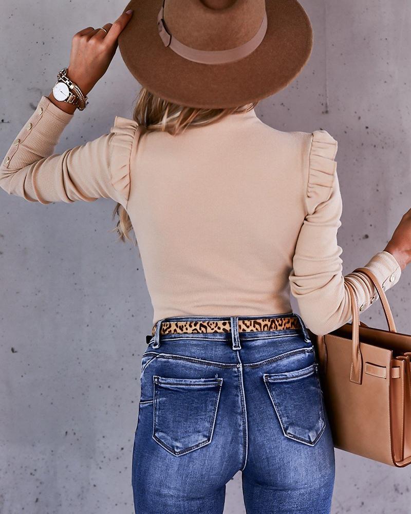 Solid Color Ruffle Long Sleeve Blouse