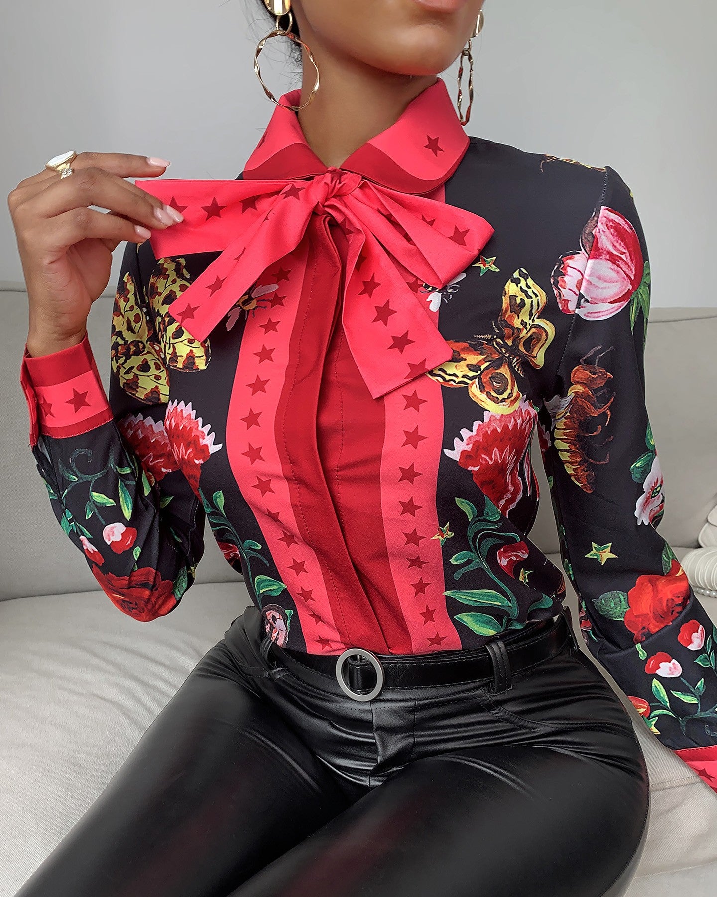 Tie Neck Floral Butterfly Print Long Sleeve Shirt