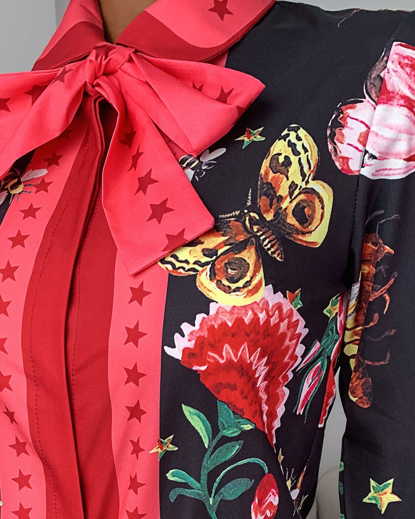 Tie Neck Floral Butterfly Print Long Sleeve Shirt