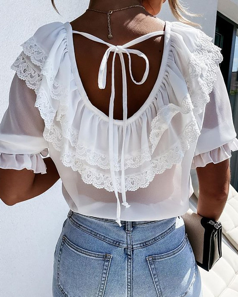 Lace Trim Backless Layered Ruffles Top
