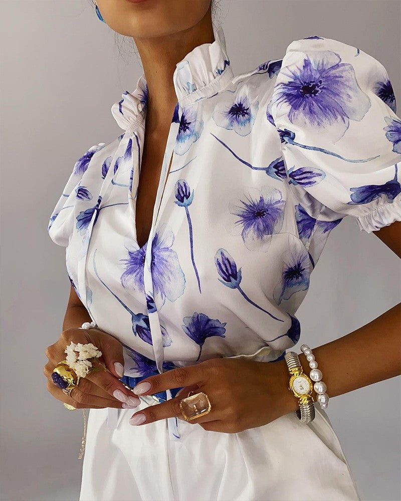 Floral Print Frill Neck Puff Sleeve Blouse