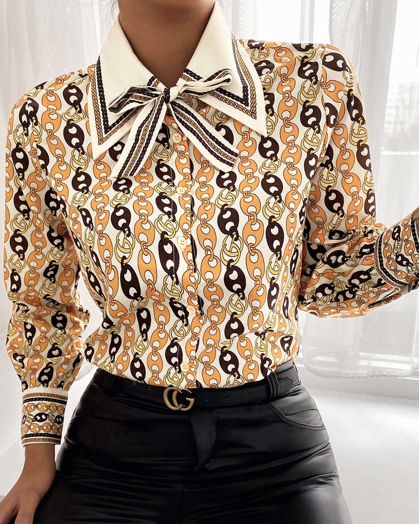 Tie Neck Graphic Print Long Sleeve Blouse