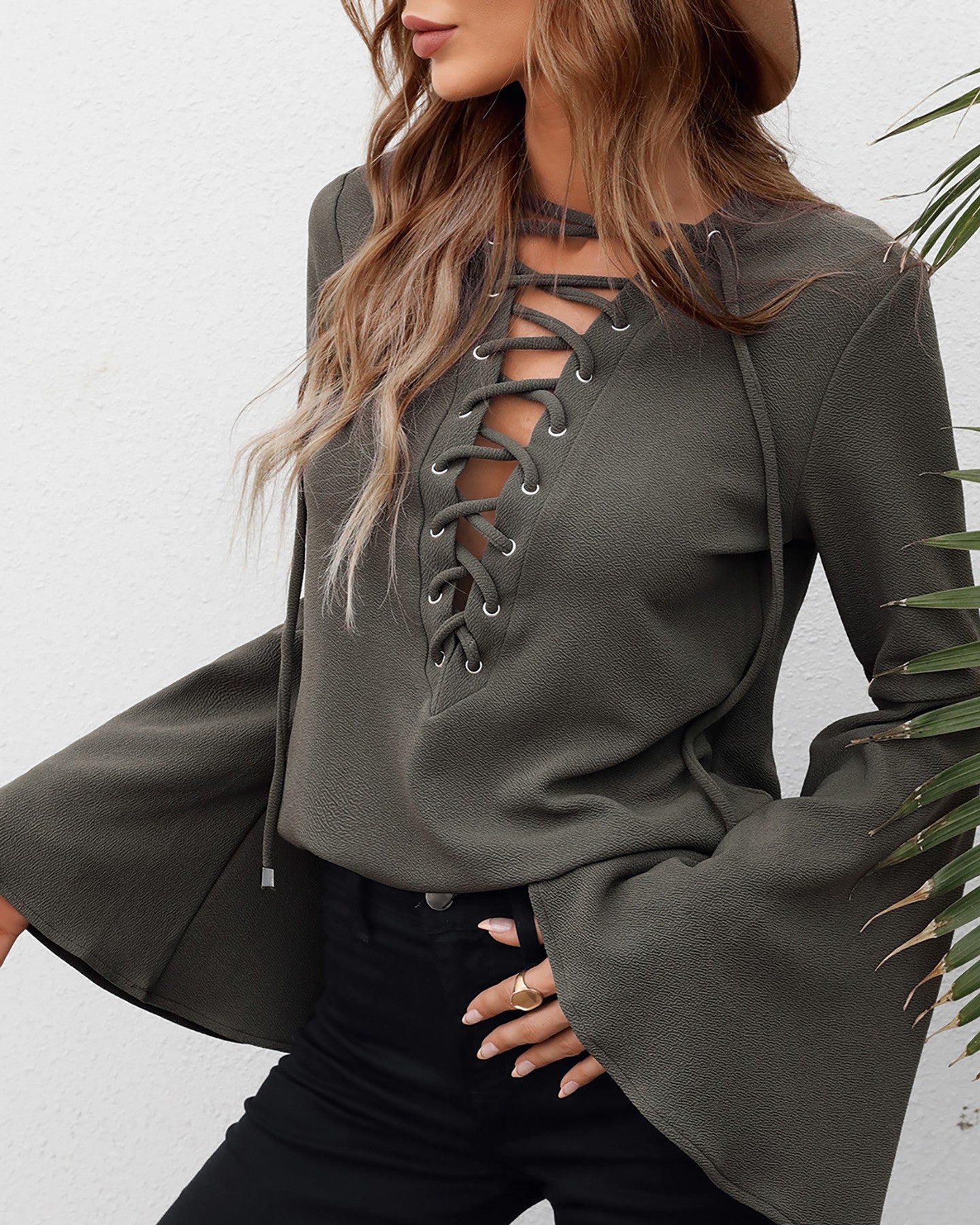 Eyelet Lace Up Bell Sleeve Casual Top