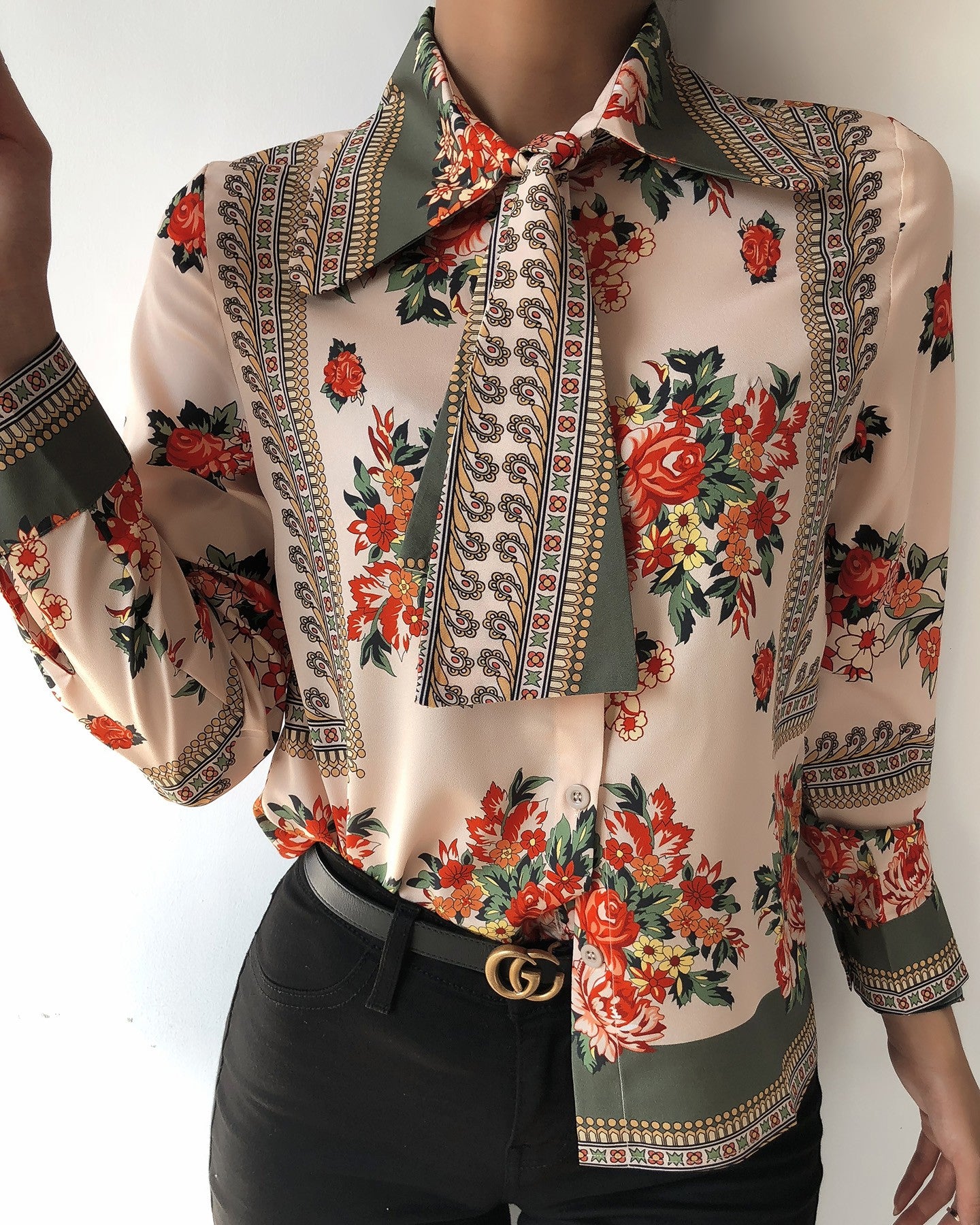 Tie Neck Scarf Print  Casual Shirt