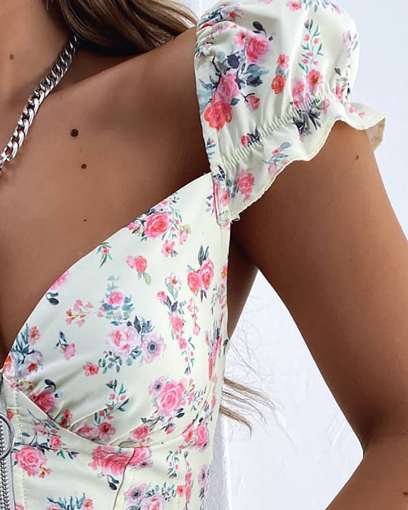 Floral Print Zip Front Puff Sleeve Top