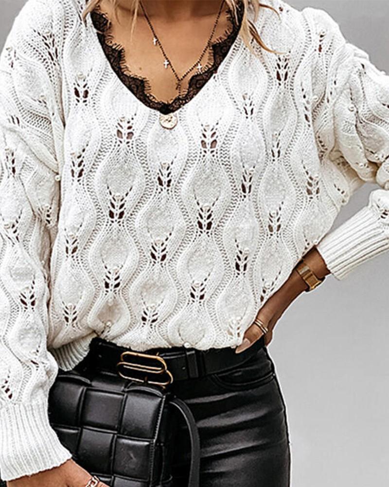 Contrast Lace V-Neck Hollow-out Sweater