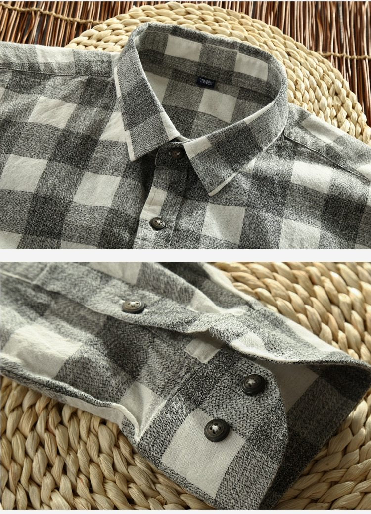 Vintage Classic Plaid Cotton Long Sleeve Casual Slim Fit Shirt