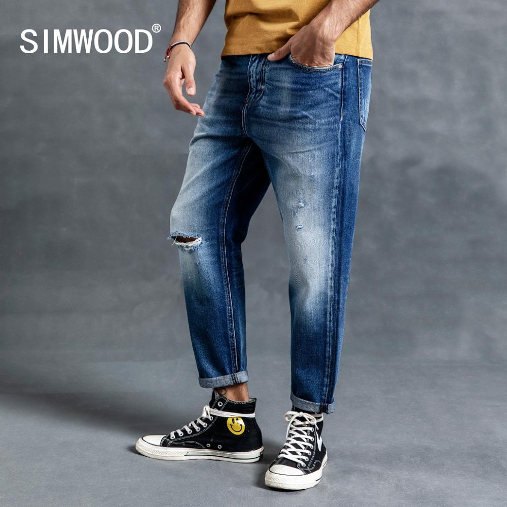 Outlet26 New Hole Ripped Jeans Men Straight Ankle-Length Denim Streetwear blue