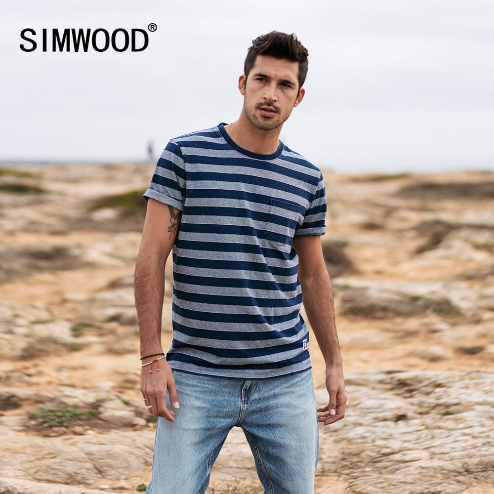 Outlet26  2020 summer new striped T-shirt men 100% cotton blue white striped