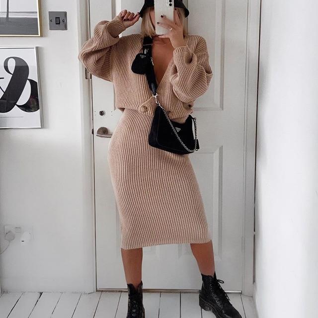 Sexy v-neck women knitted skirt suits Autumn winter batwing sleeve 2 pieces