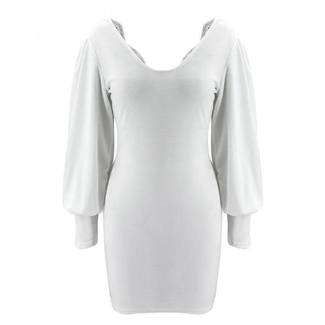 Sexy V-neck patchwork dress White lace edge A-line Lantern Sleeve Dress