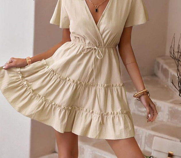 Summer V-neck light pink dress Casual solid high-waist lace-up ruffled